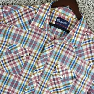 Wrangler Mens 19 Tall‎ Plaid Pearl Snap Western Short Sleeve Shirt X-Long Tails